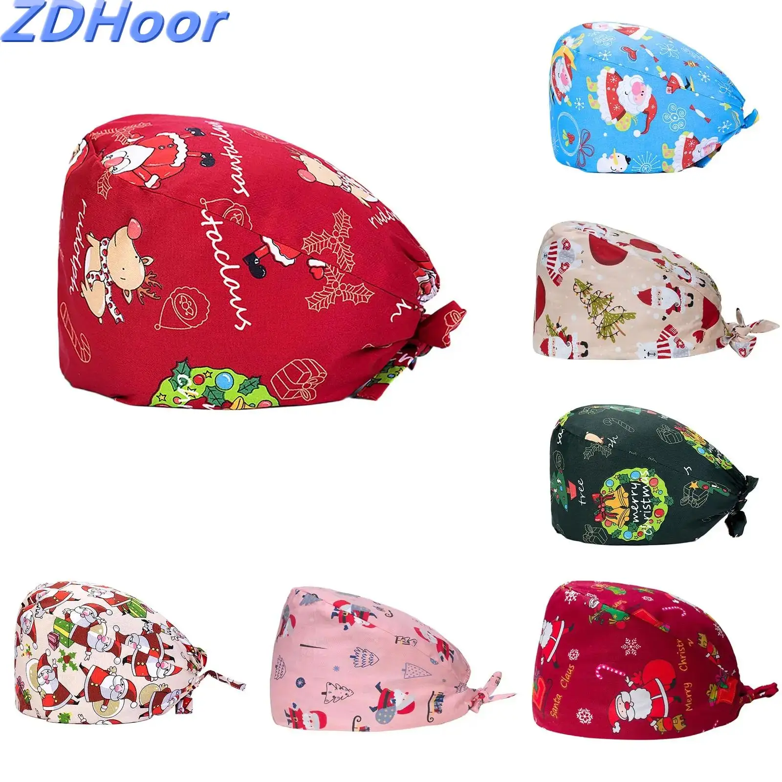 

Рождественские элементы с узорами, шляпы с принтом, хирургическая кепка, шапки для медсестер с ремешком от пота, регулируемая завязка на спине, дышащая шапка для женщин и мужчин
