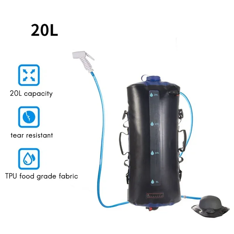 OEM 20L Portable Camping Shower Bag Outside Waterproof Solar Shower Bag with Pressure Foot Pump and Shower Nozzle for Camping