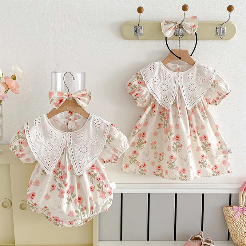 

2025 New Summer Children Clothes 1-5Yrs Kids Princess Dresses Infant Romper Short Sleeved Cotton Print Baby Girl Party Dress