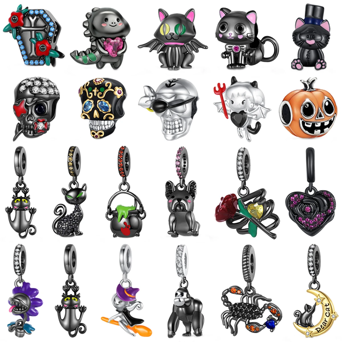 Original 925 Sterling Silver Halloween Black Cat Spider Skull Pumpkin Ghost Beads Charms for Pandora Bracelet DIY Jewellery