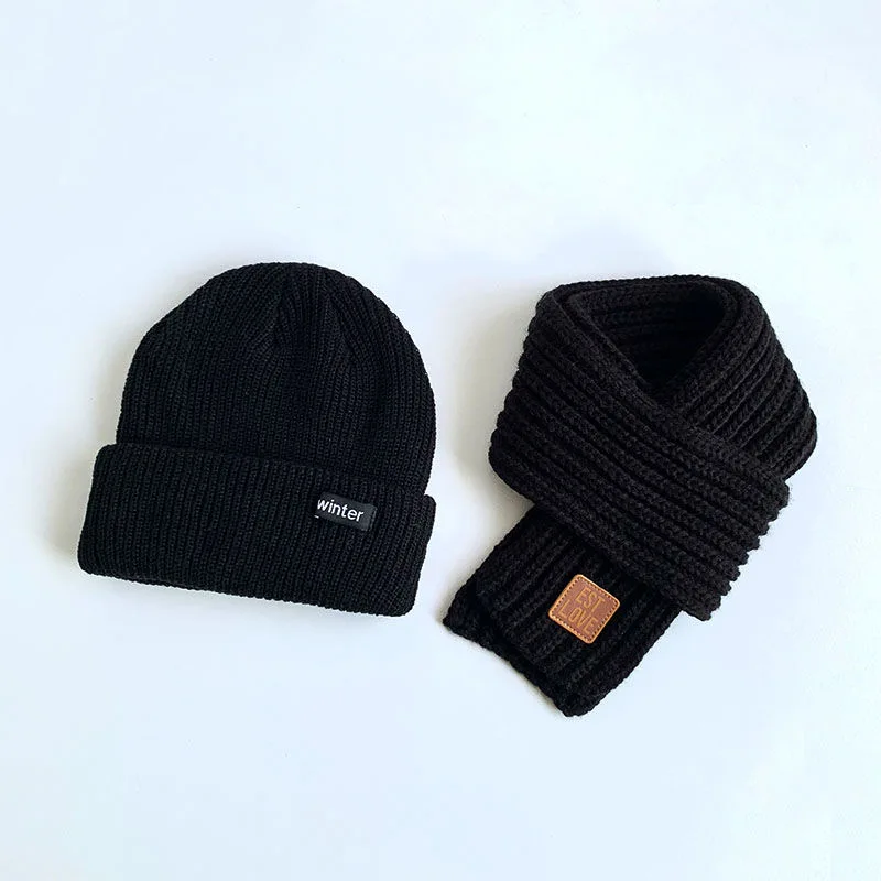 Set Syal Topi Anak-anak Topi Wol Bayi Anak Menengah dan Besar Topi Pullover Rajutan Hangat Tebal Pria dan Anak Perempuan Musim Dingin