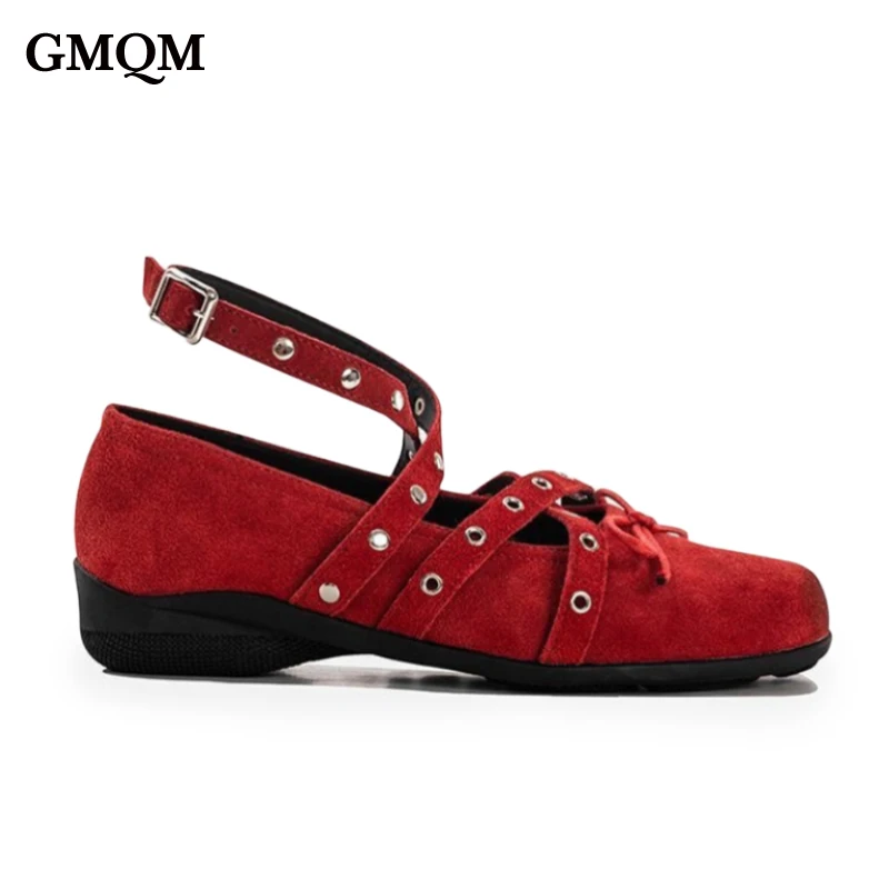 

GMQM Red Bow Small Single Shoes For Women In Spring And Summer 2025 Genuine Leather Retro Shallow Mouth Rivet Ballet Flat Shoes