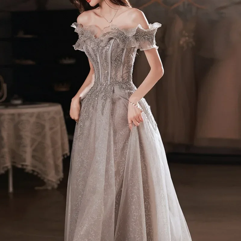 Customized Elegant Gray Flowers Evening Dress Off Shoulder Shiny Sequin Lace A-line Ruched Lace Up Woman Formal Party Prom Gowns