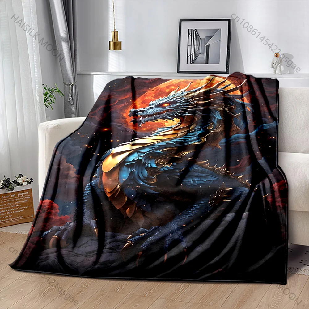 1PC Blue dragon and full moon Print Adult Children Warm Blankets Home Travel Car Soft and Comfortable Suitable for all seasons