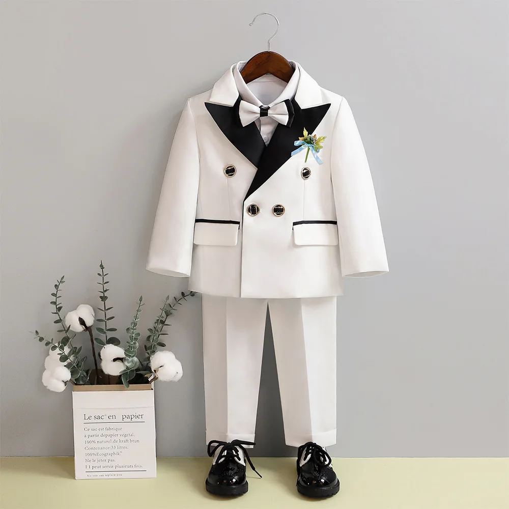 Boy Formal Suit Flower Children Wedding Dress White Baby First Birthday Set Infant Performance Costume Kids Blazer Pants Outfits