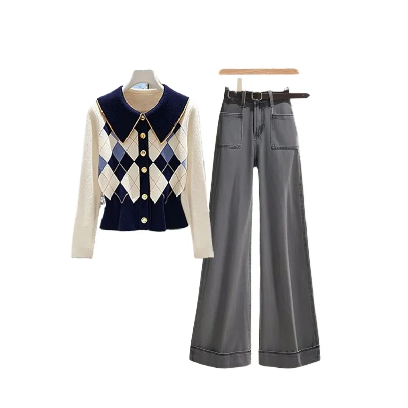 New Pant Sets Spring and Autumn Korean Chic Diamond Lattice Waist Knit Cardigan Top Light Luxury with Wide Leg Jeans Set Women