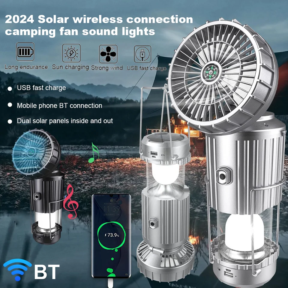 Portable LED Camping Lantern Solar USB Rechargeable With Fan Tent Emergency Lamp Flashlight Power Bank Outdoor Bluetooth Control