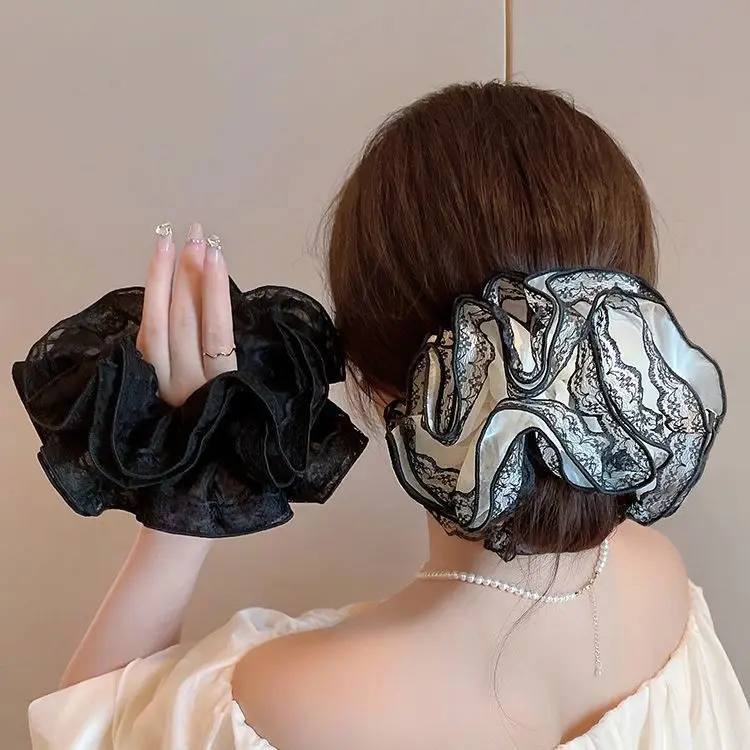 Retro Printing Oversized Scrunchies Headwear 2023 Korean Fashion French Lace Fold Hair Band Ponytail Female Hair Accessories