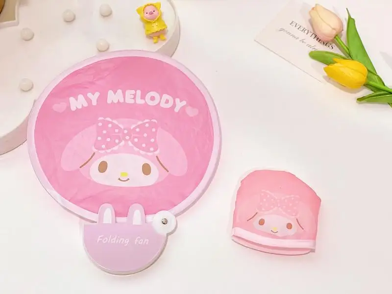 Sanrios kawaii desenhos animados olá kittys kuromi cinnamoroll minha melodia bonito pequeno ventilador dobrável ventilador redondo psiquiatra enviar saco de armazenamento