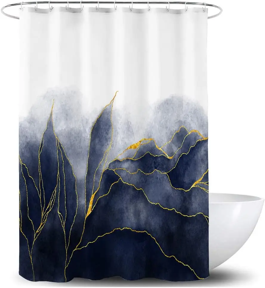Modern Gold Abstract Leaf Watercolor Shower Curtain Bathroom Decor Luxury Botanical Tropical Style Waterproof Curtain Bath Room