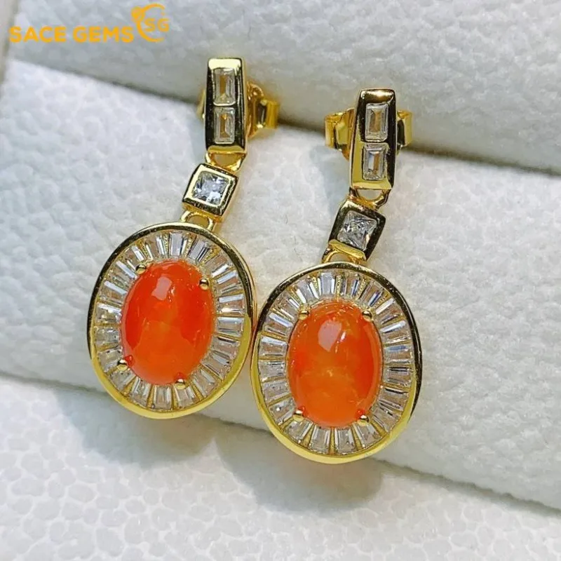 

SACE GEMS Fashion Drop Earrings for Women 925 Sterling Silver 6*8MM Natural Opal Stud Earrings Wedding Party Fine Jewelry Gift