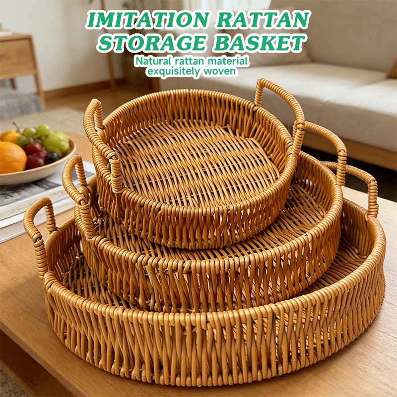 

Handwoven Round Imitation Rattan Basket With Handles Woven Serving Tray For Tabletop Kitchen Decor