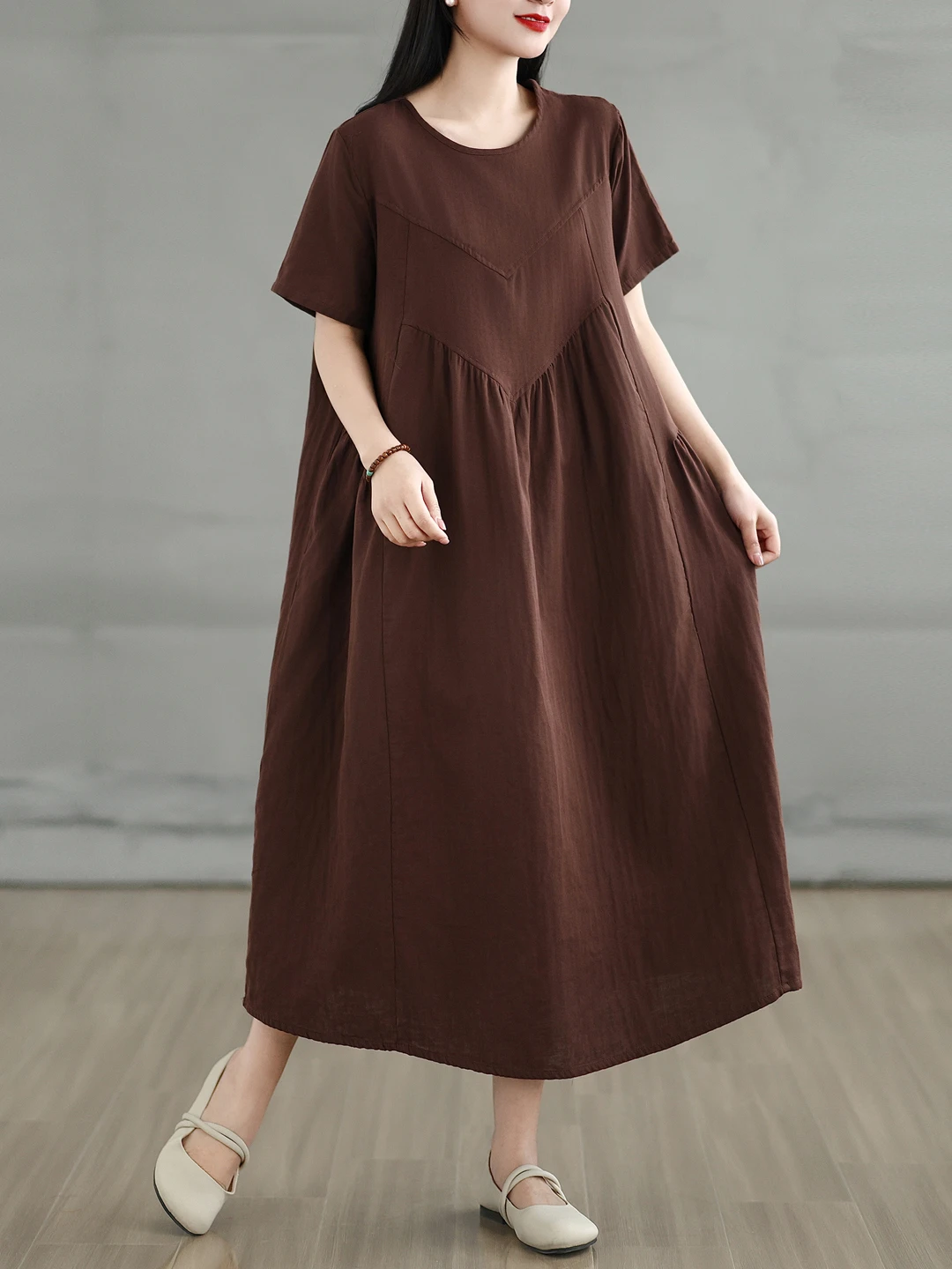 

New Pure Color Cotton round Neck Short Sleeve Dress Women Loose plus Size Slimming A-Line Skirt High Waist Spring Summer City...