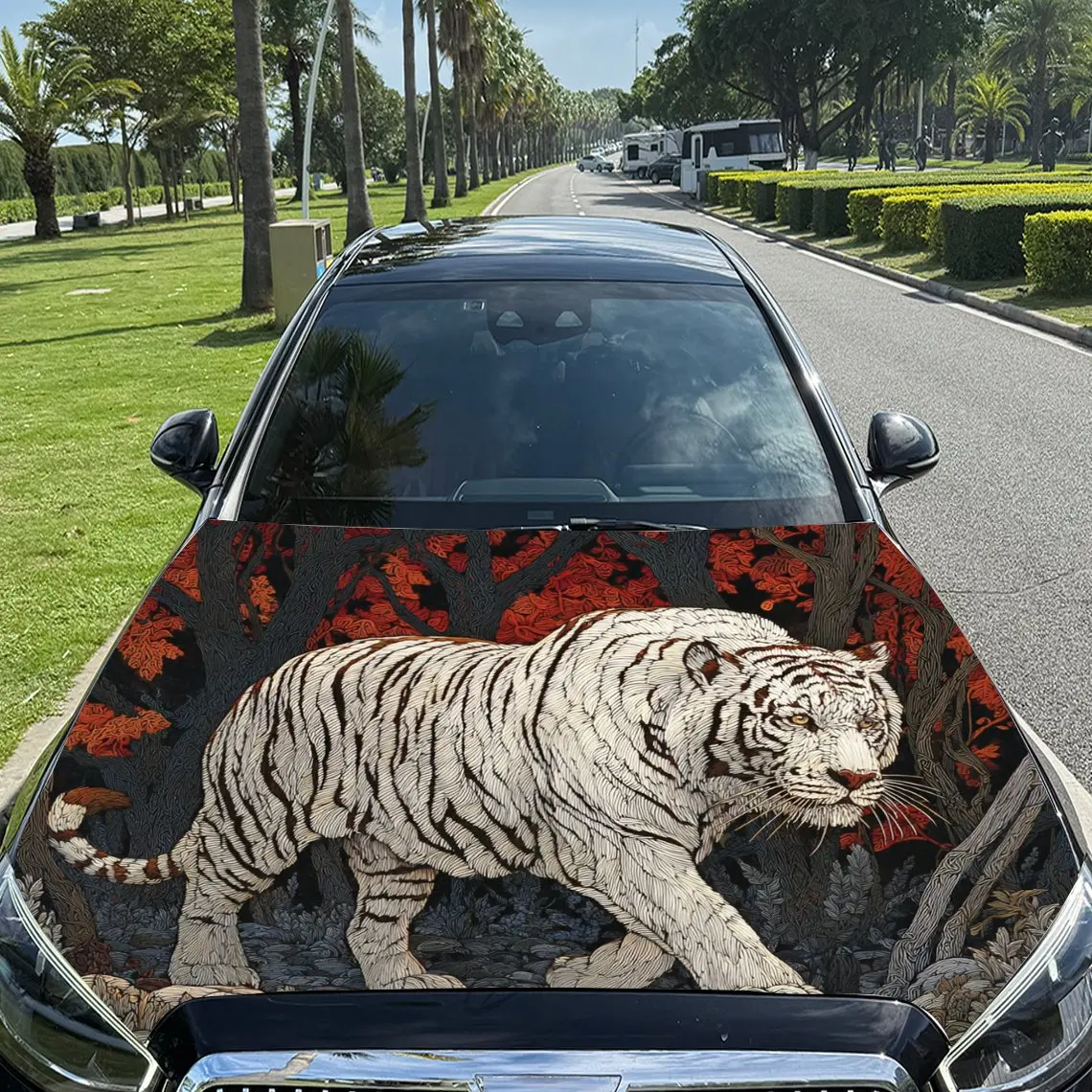 Car Decals White Tiger with a Striking, Red - Themed and Dynamic - Styled Background Car Hood Sticker, Waterproof Self - Adhesiv