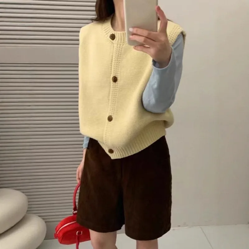 

Spring Autumn New Soft Cozy Shoulder Pad Layering Korean Style Simple round Wood Button Pure Color Knitted Vest Open Cardigan