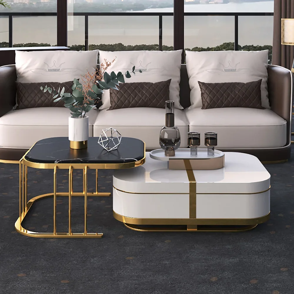 Table Basse Rétractable en Marbre de Luxe, Meuble TV Moderne