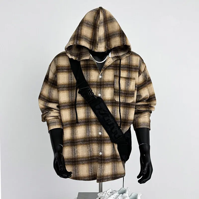 Mens Plaid Hooded Shirt Relaxed Fit Spring Casual Streetwear  Breathable Cotton Blend Soft Fabric Trendy Urban Style Fashion