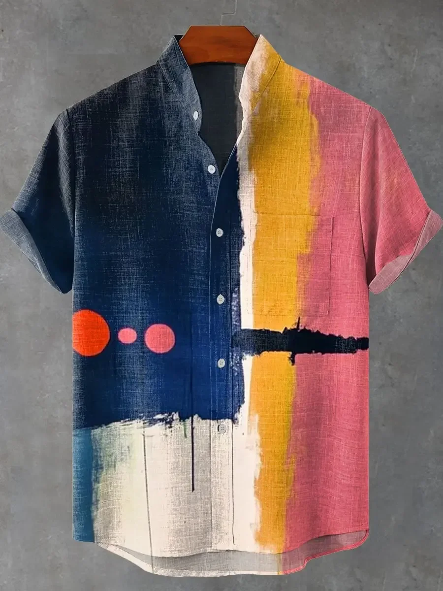 Fashionable new casual men's comfortable and fashionable loose printed shirt, casual linen button breathable fashionable top