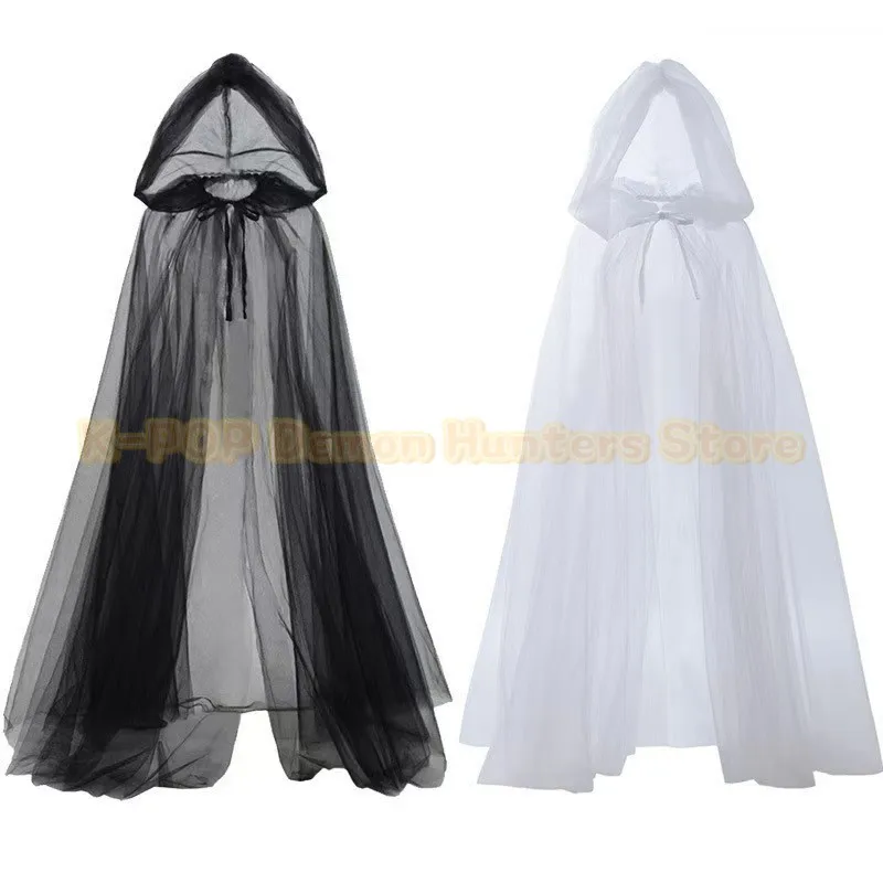 Novo halloween bruxa manto traje feminino cosplay feiticeiro goth preto branco capuz tule capa roupas de casamento nupcial outfit