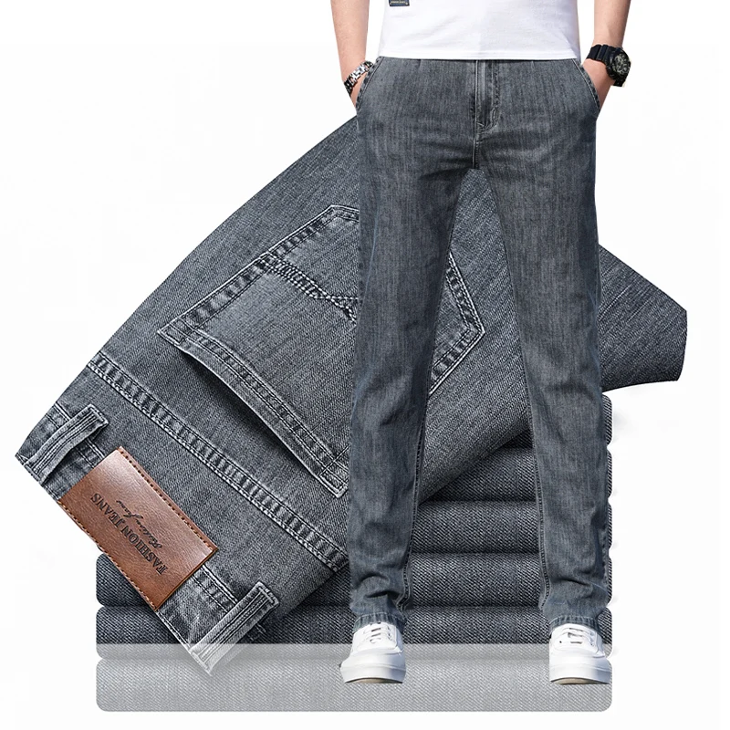 

Spring and Summer Pop Men's Fit Straight Lightweight Jeans Fashion Casual Men's Thin Stretch Jeans Grey Blue