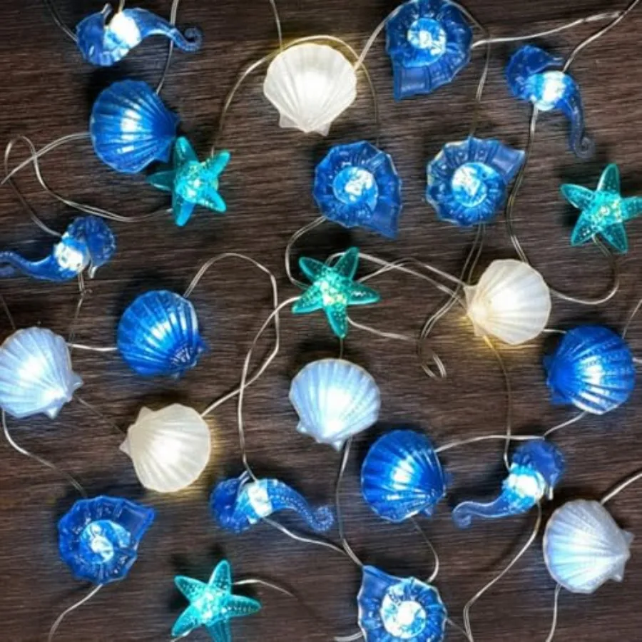 2 Sets Total 20 Feet 60 LED Ocean Decor String Lights for Bedroom Beach Theme Lights of Marine Life Seashell Seahorse Conch Wat