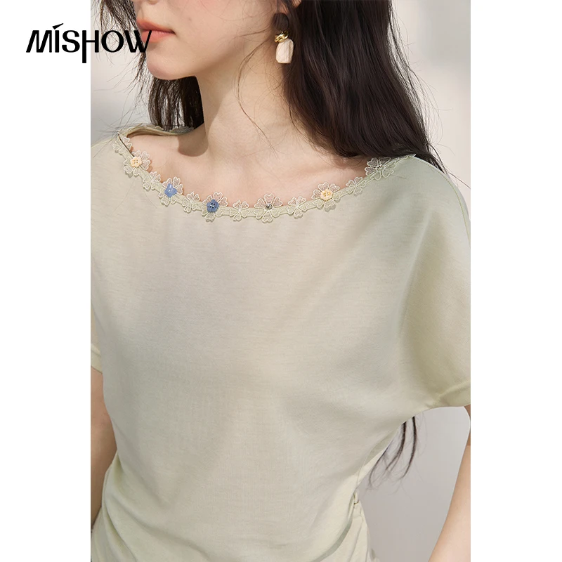 MISHOW Casual Slimming Sweet T-Shirt For Women 2026 Summer New Green Folded Flower Lace Splicing Fake Two Piece Top MXF26T1659