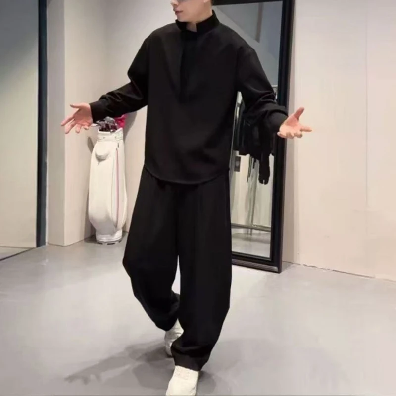 Men Chinese Stand Collar Half Zip Long Sleeve Loose Shirt Elastic Cuff Baggy Harem Pants Two Piece Outfit Set