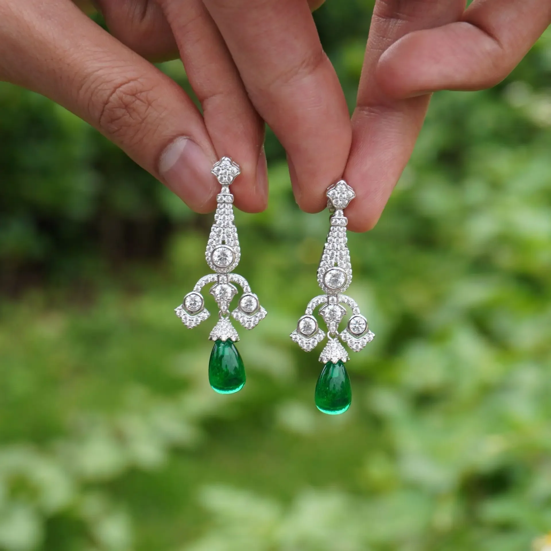 Cmajor 925 Sterling Silver Jewelry Emerald Lab Stone Water Drop Chandelier Stud Earrings Gift for Women