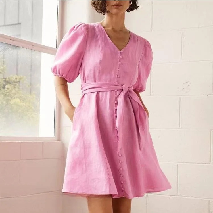 Faionable V-ne Bubble Sve ort Dr Gonna a trapezio a vita alta con cintura in cotone Dr Abbigliamento quotidiano