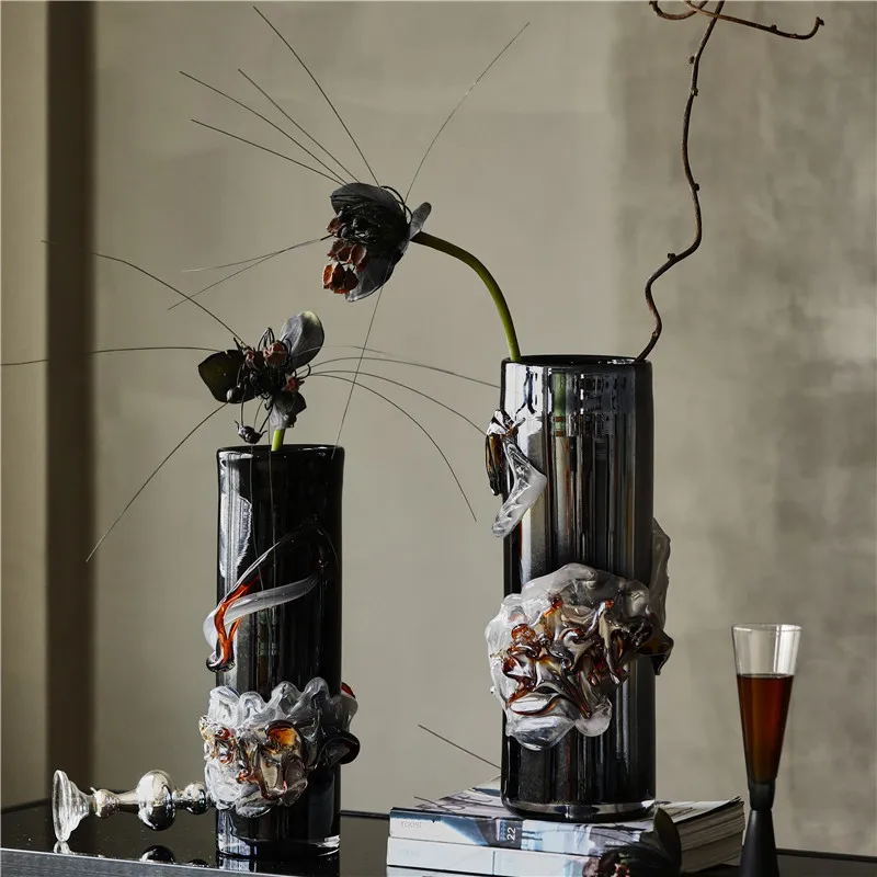 Nordic style thickened nickel-plated straight vase handmade relief process decoration home living room dining table soft