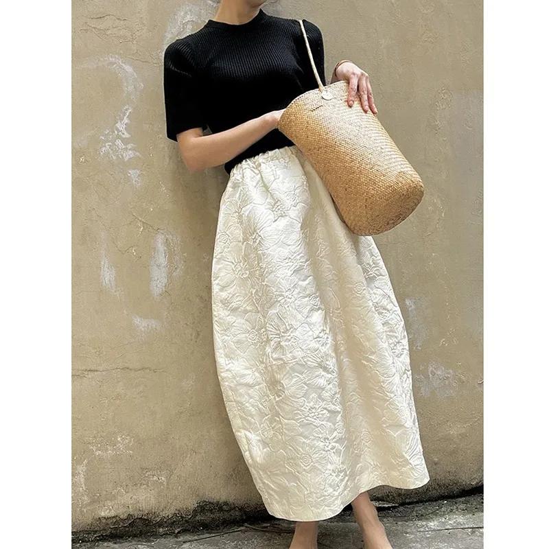 2024 New Arrival Spring/summer Arts Style Women Casual Loose Fit Elastic Waist A-line Jacquard Design Ankle-length Skirt P02