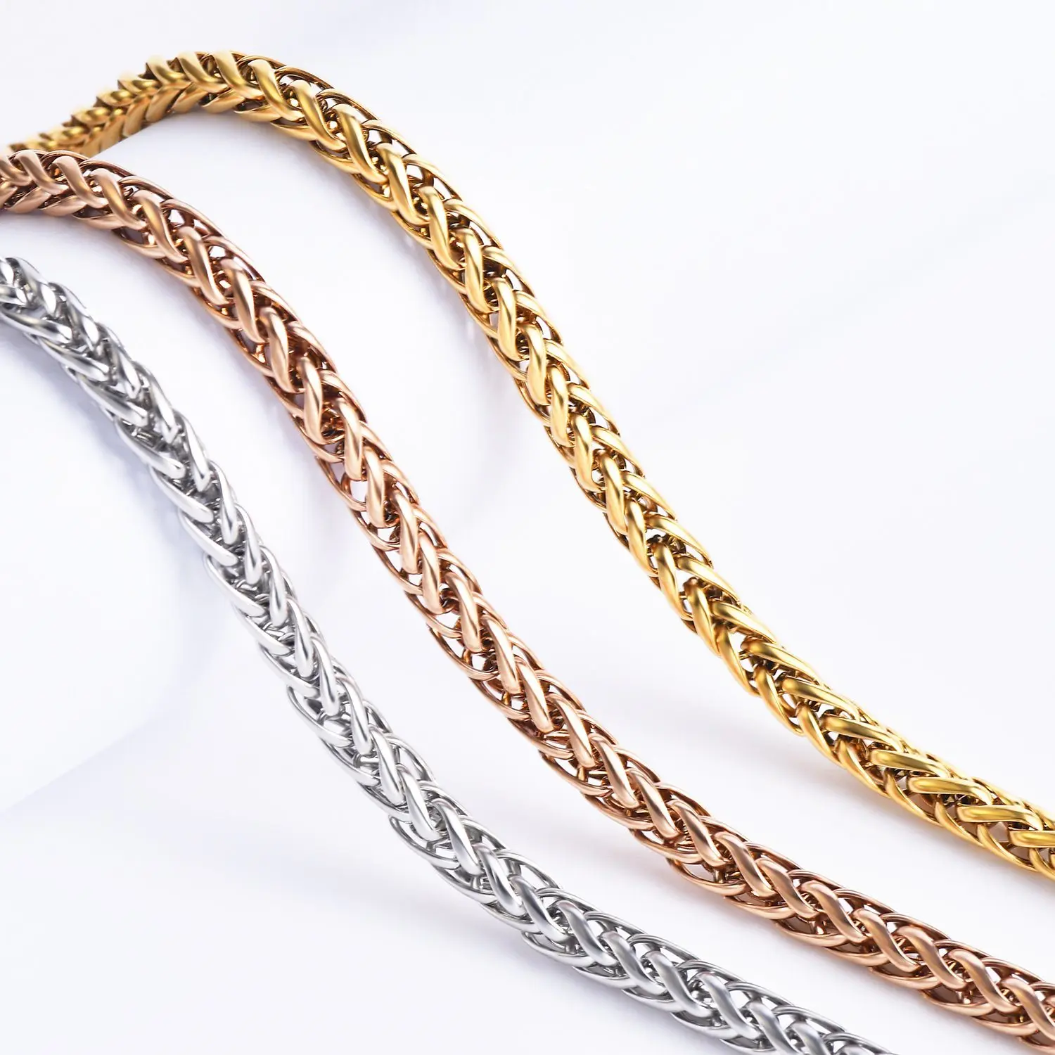 Gold Plated Stainless Steel Wheat Chain Jewelry 3.0mm-10mm Heavy Optional Necklace