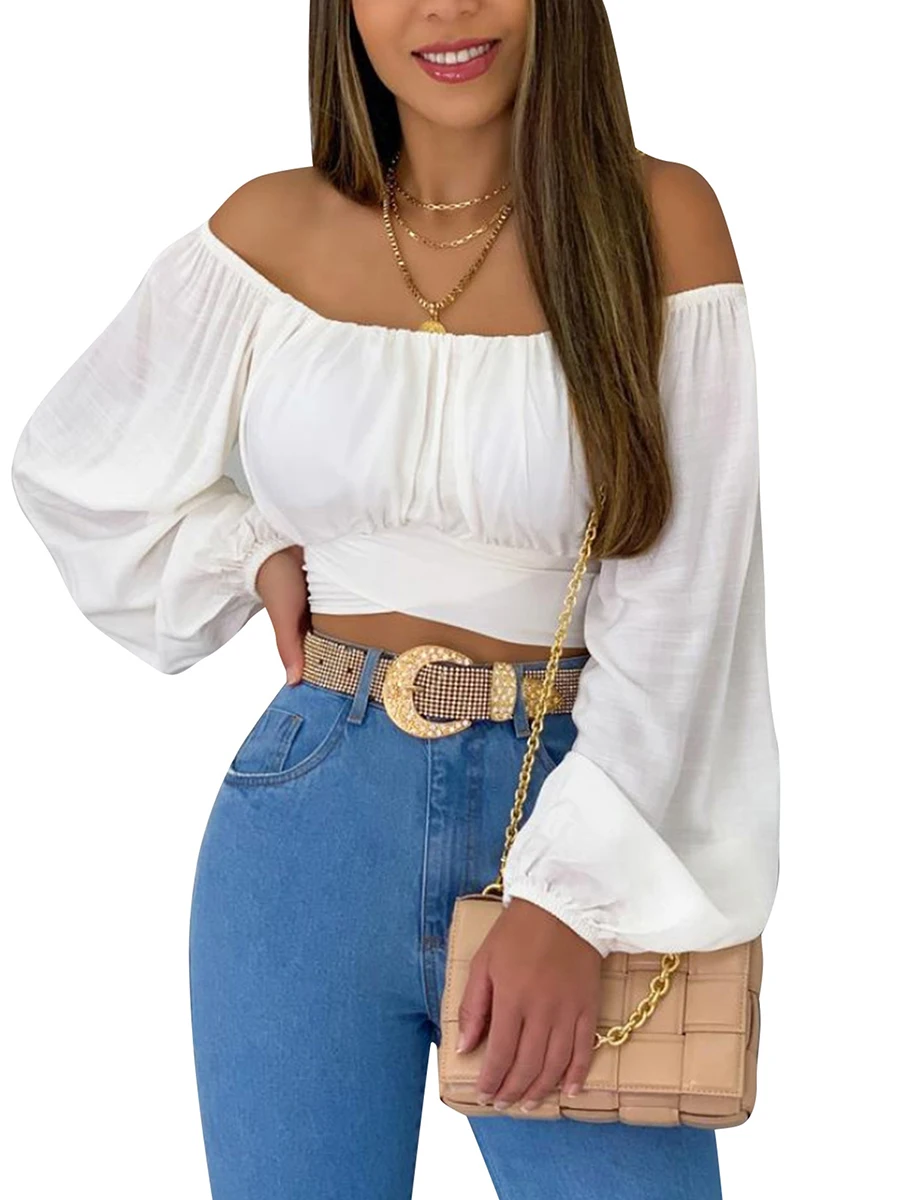 

Women s Off Shoulder Long Sleeve Crop Tops Solid Tie Knot Back Ruched T-Shirts Tube Tops