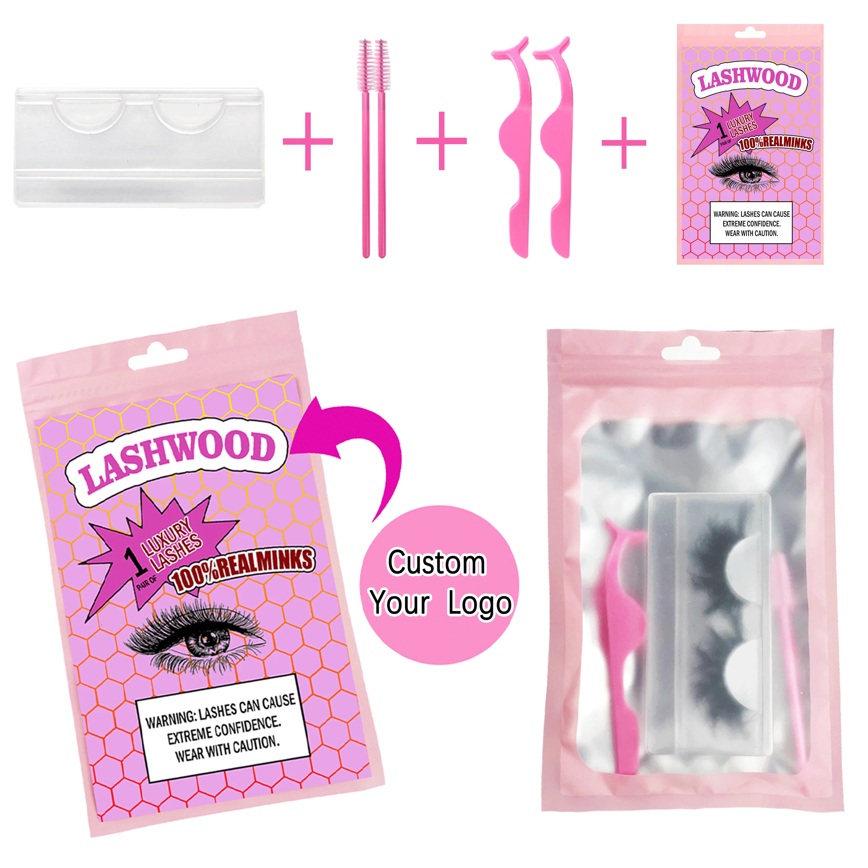 Lashwood Bag Package Sets Zip Lock Lash Packaging Resealable Eyelashes Case Pouch Cosmetic Box For Travel Salon Custom Logo
