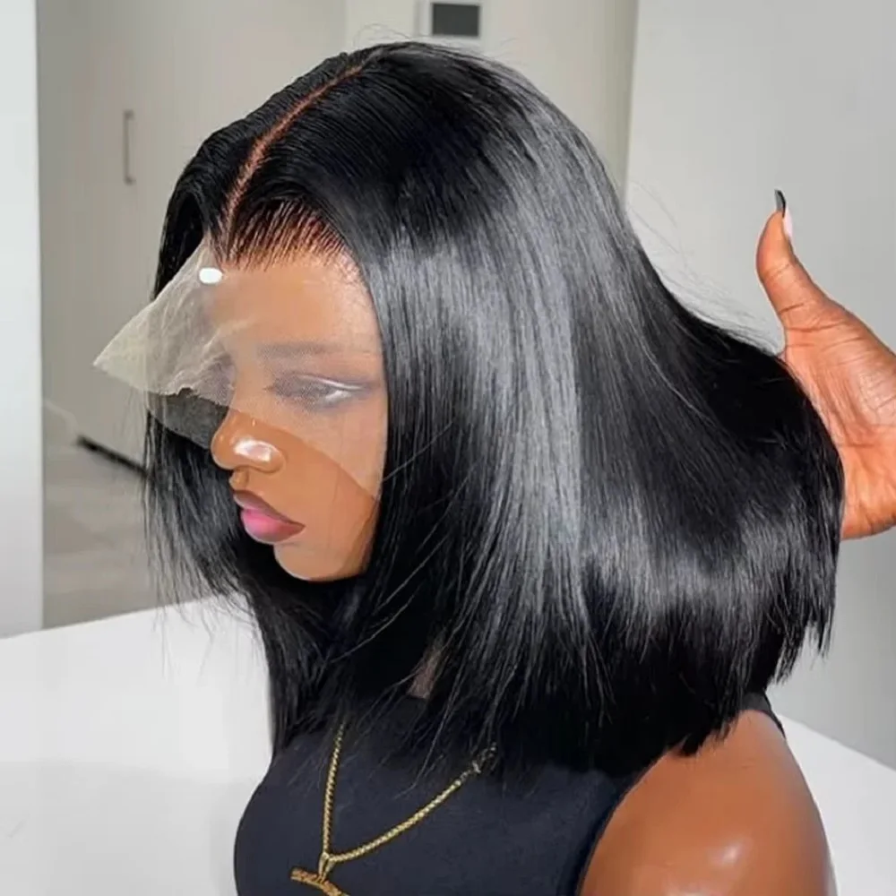 Wig Rambut Asli Straight Bob 13x6 T Part Middle Lace Frontal Pre Plucked 230 Density Brazilian 4x4 Lace Closure Untuk Wanita