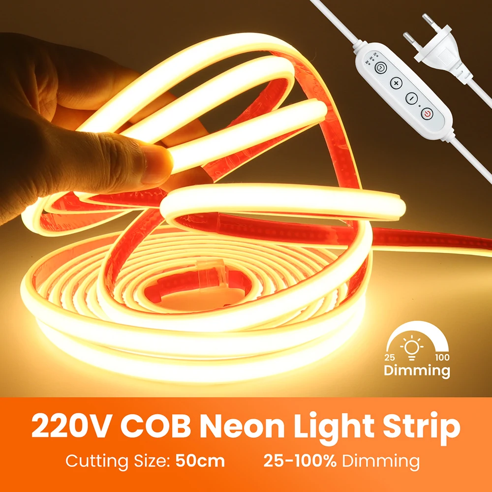 Dimmable COB LED Strip Light Adhesive Tape 220V Dimmer Switch EU Power Kit 288 LEDs 3000K 4000K 6000K Flex Silicone Tube Lamp