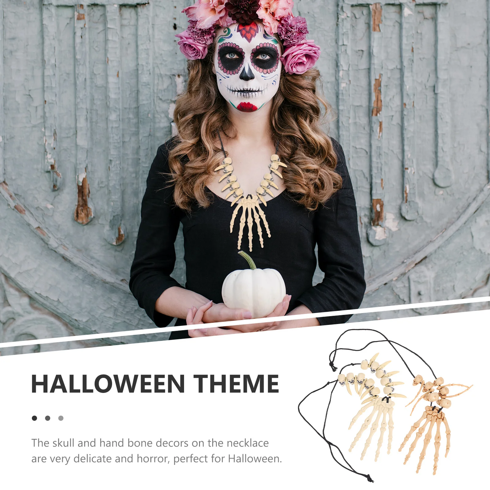 

2Pcs Gothic Skull and Hand Bone Necklace Clavicle Chain Halloween Jewelry for Party Decoration Creative Resin Pendant Accessory