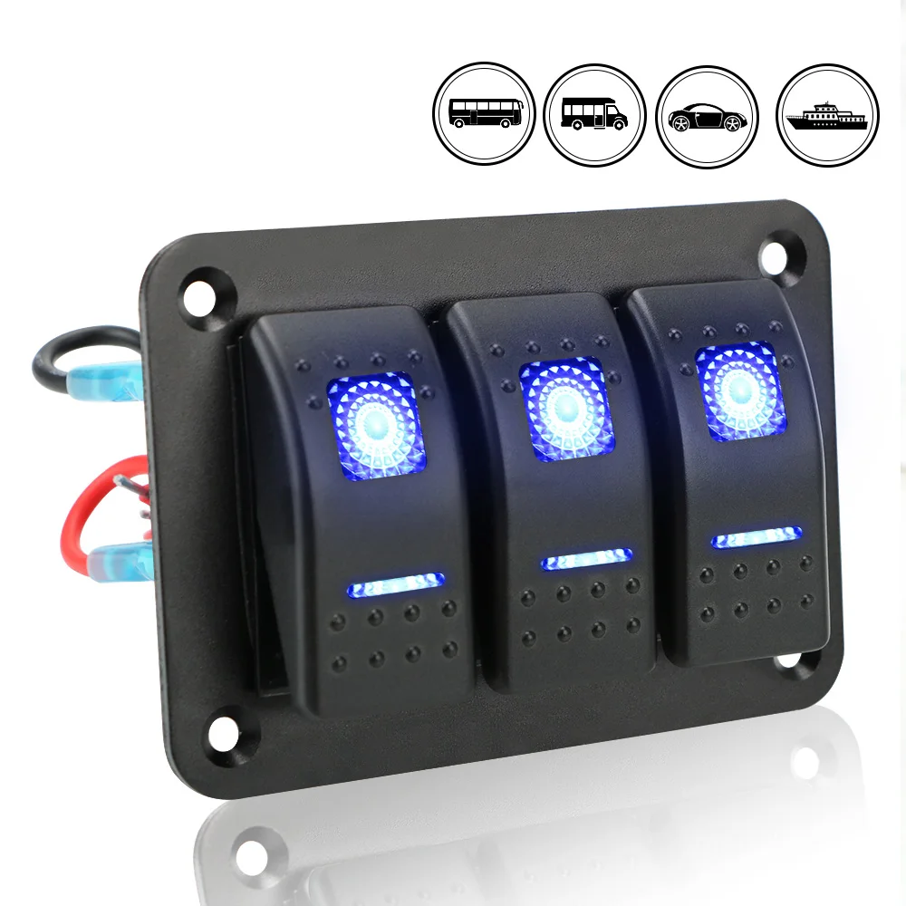Überlastschutz mit Symbolaufkleber 3-fach Wippschalterpanel Auto LKW Marine Schiff Sicherungsautomat EIN/AUS-Leuchten DC 12V/24V
