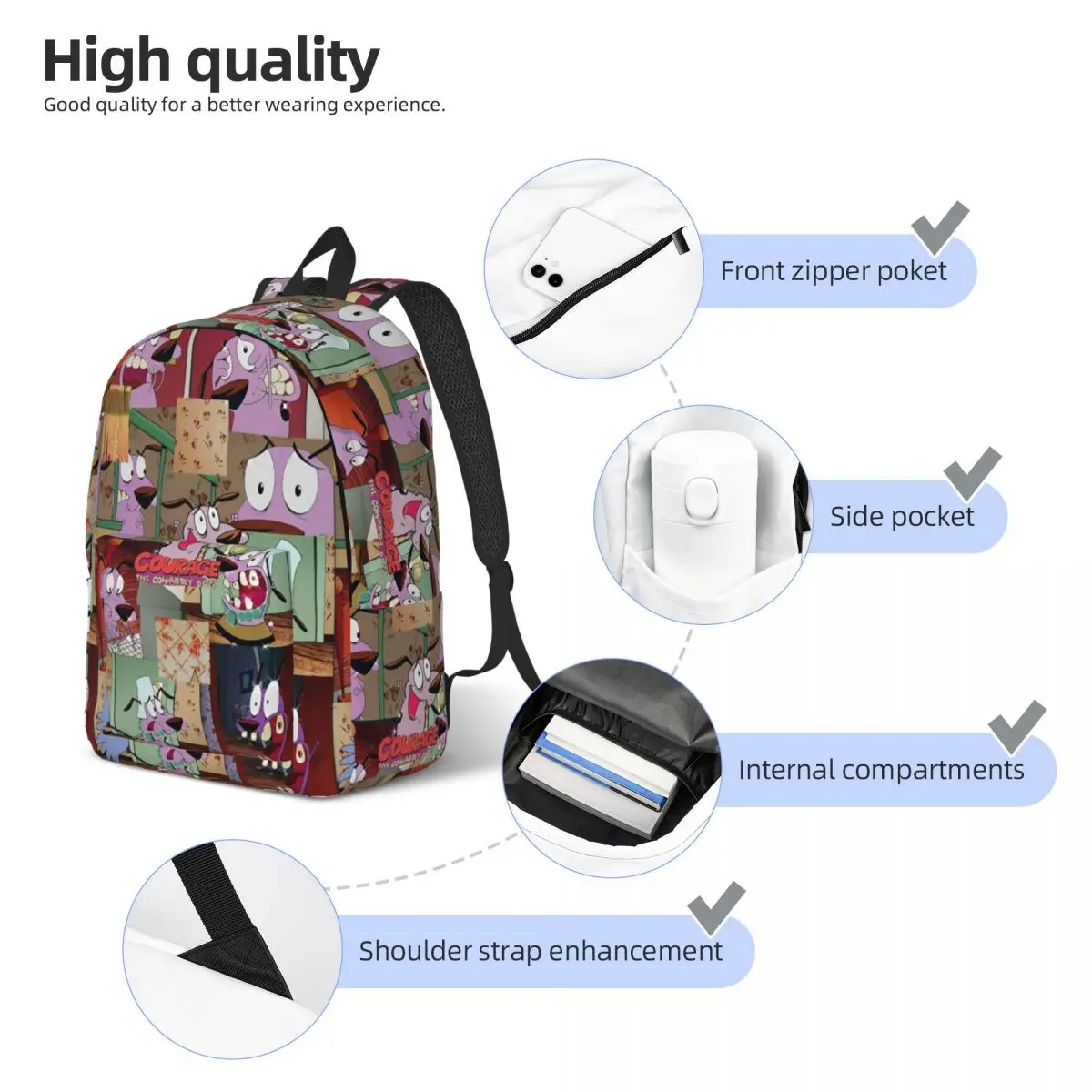 Cão covarde C-Courage Cartoon Mochila engraçada para homens e mulheres, durável, ensino médio, caminhadas, viagem, mochila de comédia fofa, sacos de lona para laptop