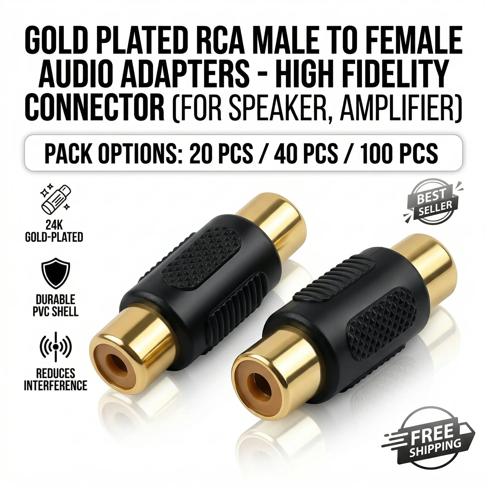 20/40/100Pcs Gold Plated RCA Female to Female Coupler, Lossless Audio/Video Connector Extender for Home Theater & CCTV