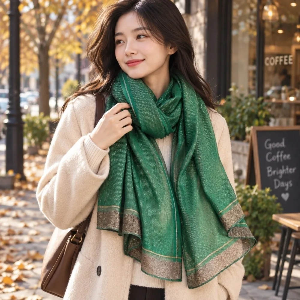 Fashion Large Size Imitation Silk Scarf Breathable Elegant Border Shawl Soft Silky Scarf Daily Outfit