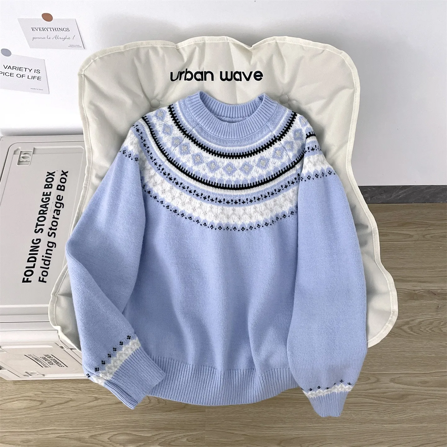 

Blue Fair Isle Knitwear Men's Autumn Winter New Lazy Sle Inner Vintage Embroidery round Ne Men's Knitted irt Top