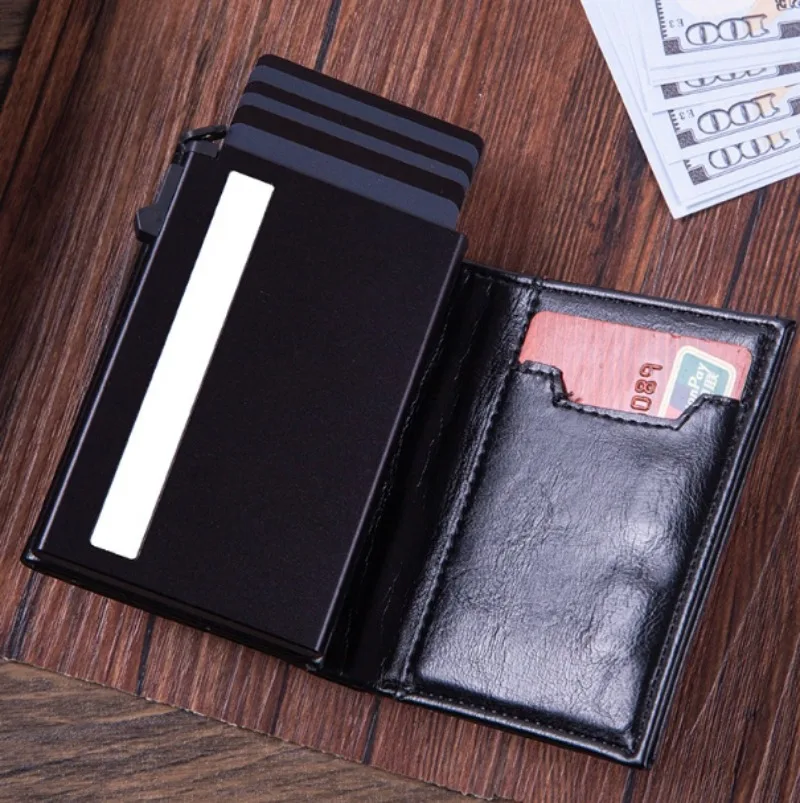 حامل بطاقة الائتمان المغناطيسي الفاخرة الرجال المحفظة تتفاعل حجب المنبثقة الحد الأدنى محفظة جلدية حامل بطاقة البنك محفظة للرجال