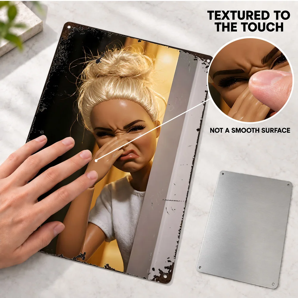 Disgusted Doll Holding Nose Textured Metal Poster Personalized Aluminum Sign Blonde Doorway Closeup Wall Art For Gaming Room
