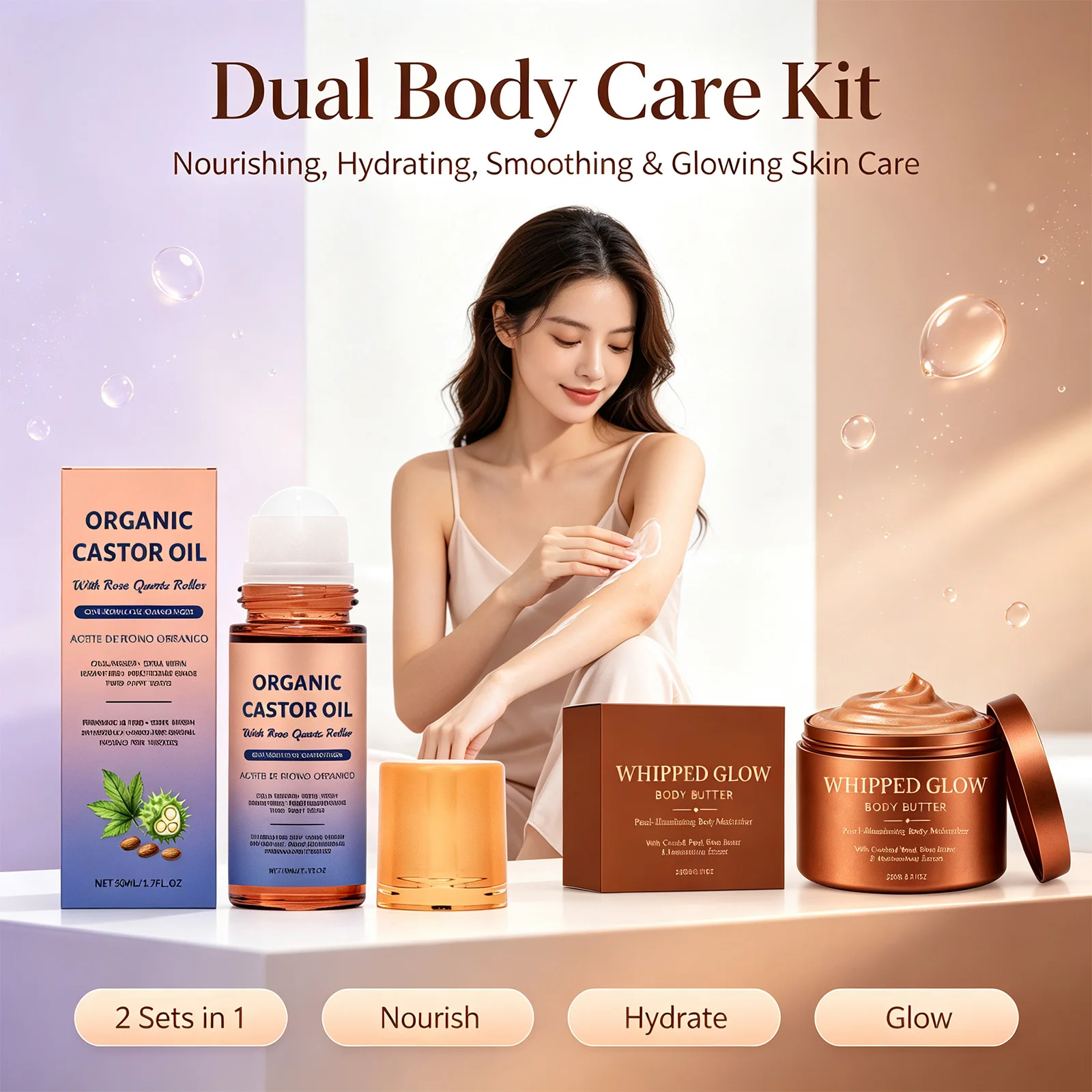 Organic Castor Oil &Body Care Butter Set With Rose Quartz Roller  Cold Pressed Skin Soothing Moisturizing For Face Body Care Oil
