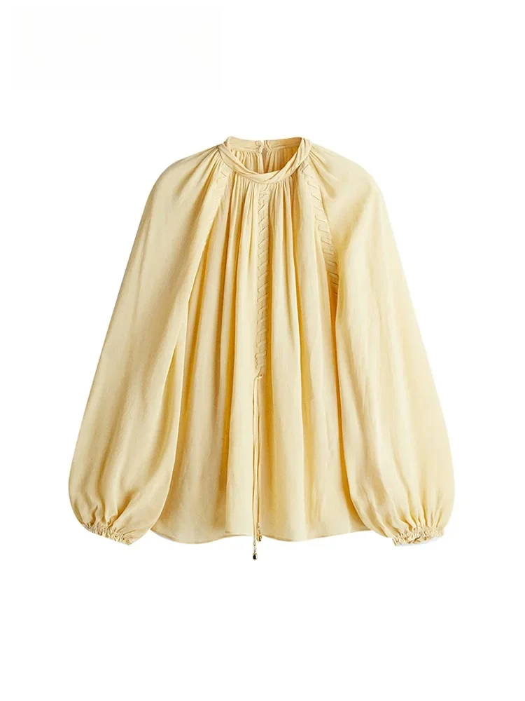 

Elegant Chiffon Lace Up Shirt Women Yellow Long Puff Sleeve O-neck Loose Lady Blouse 2025 Fashion Summer Solid Holiday Top