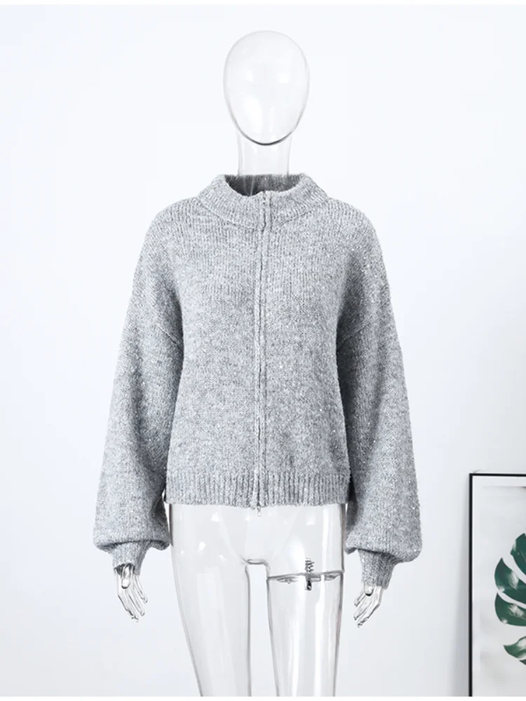 

Женский свитер с пайетками, модный, с длинным рукавом, на молнии, с воротником-стойкой, шикарный женский топ, мягкий, для весны и зимы, уличный стиль, новинка 2026