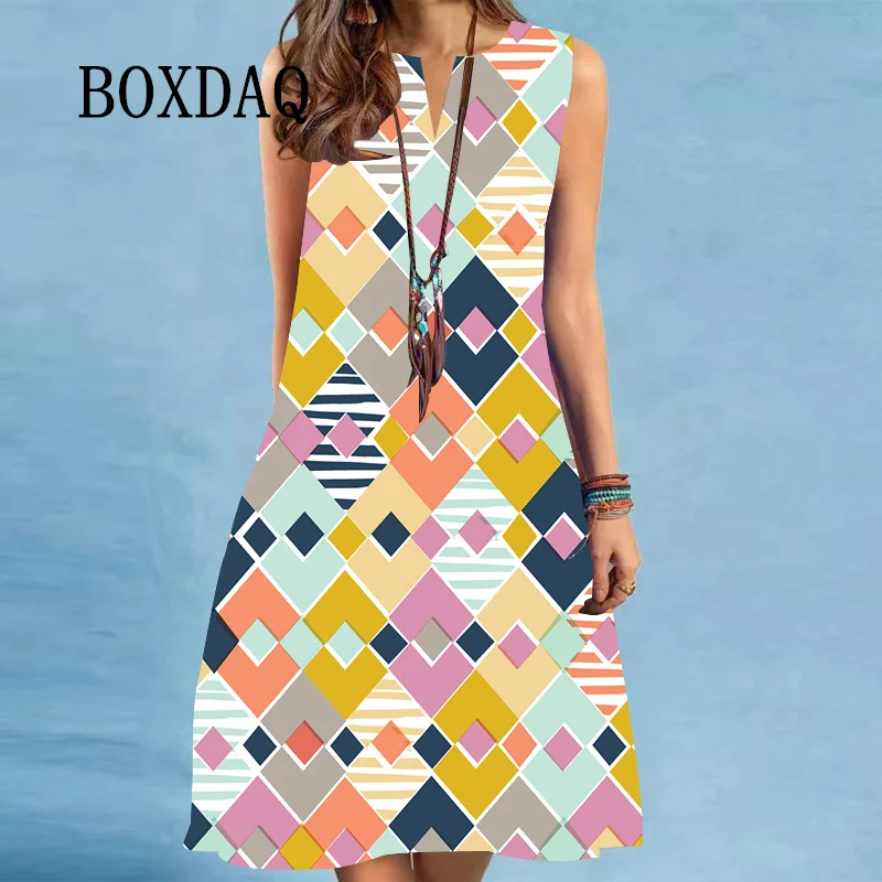 

Тонкое летнее платье для женщин, новинка 2025 года, сексуальное мини-платье без рукавов с v-образным вырезом и геометрическим принтом, пляжное вечернее повседневное свободное платье трапециевидной формы для женщин