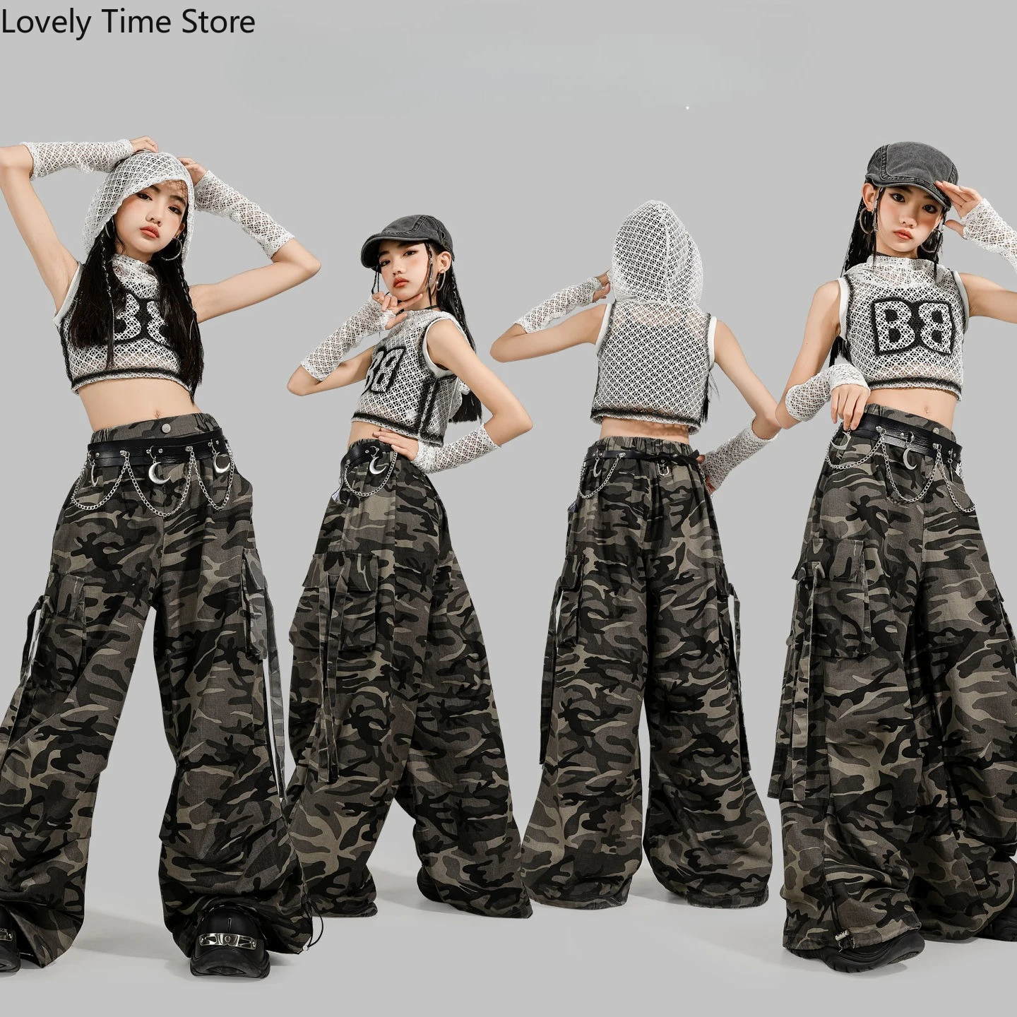 Girls K-pop Mesh Hoodies Camouflage Cargo Pants Kid Hip Hop Hooded Crop Top Streetwear Costume Child Jazz Girl Group Clothes Set