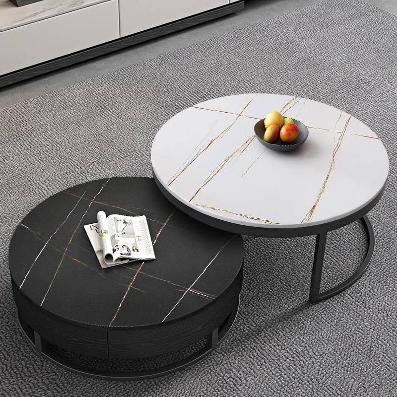Modern Luxury Marble Top Wood Round Coffee Table Set Extendable for Home Living Room Furniture with Drawer Black Design 2025